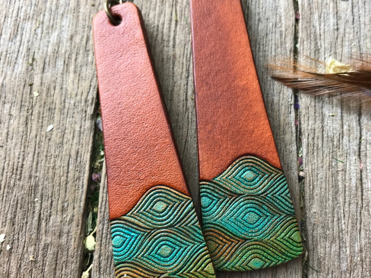 Hand Tooled and Painted Leather Bar Earrings