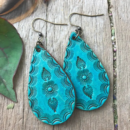 Hand Tooled Western Floral Leather Earrings