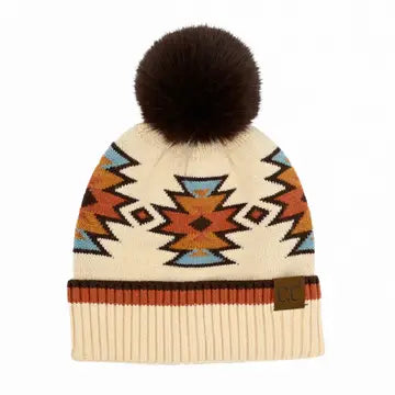 CC South Western Pattern Faux Fur Pom Beanie