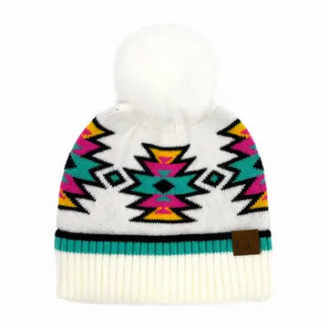 CC South Western Pattern Faux Fur Pom Beanie