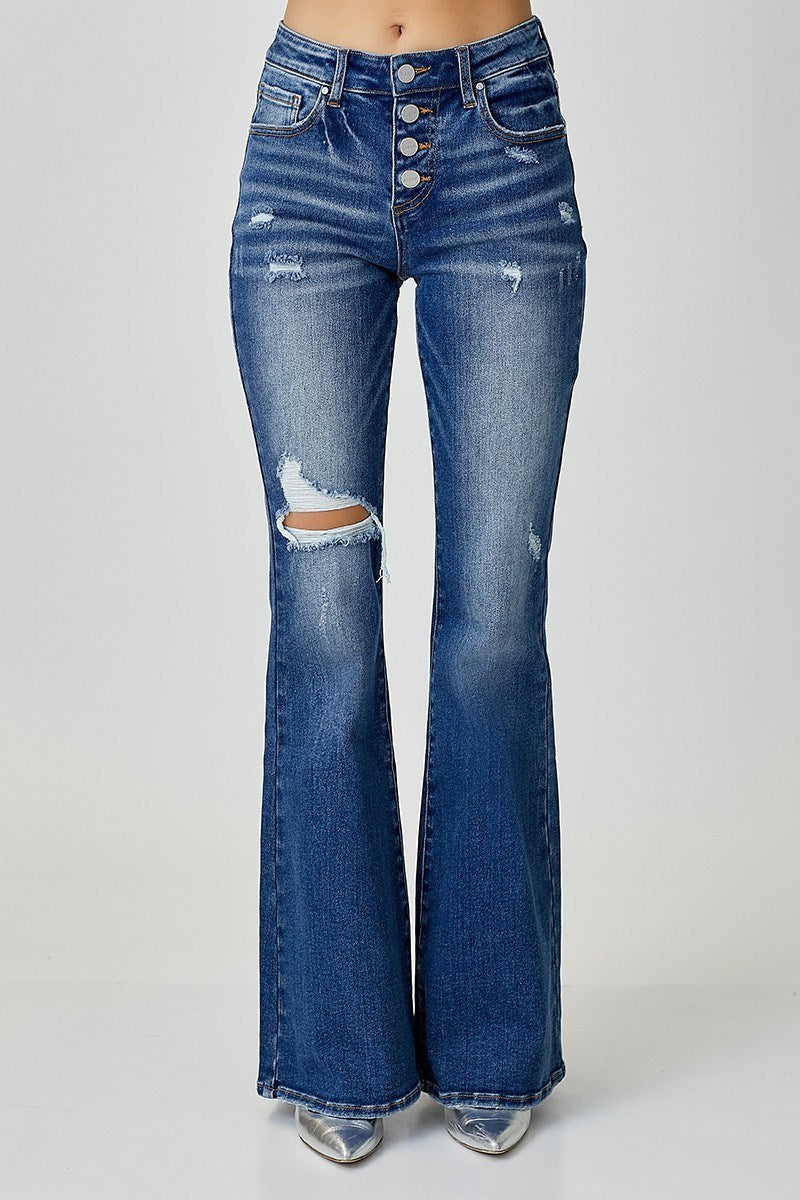 Risen Mid Rise Flare Button Down Jeans