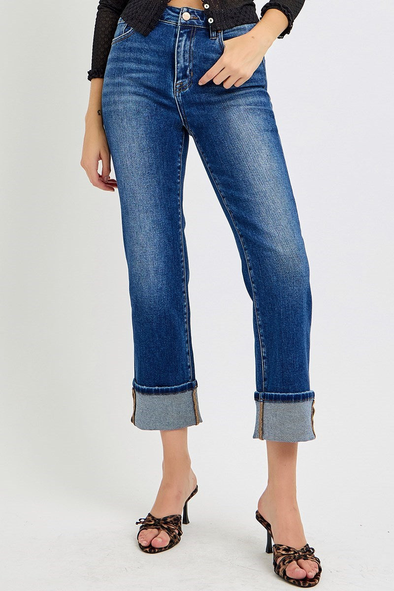 Risen High Rise Straight Cuffed Jeans