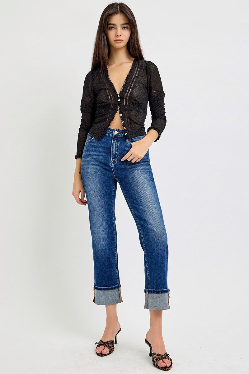 Risen High Rise Straight Cuffed Jeans