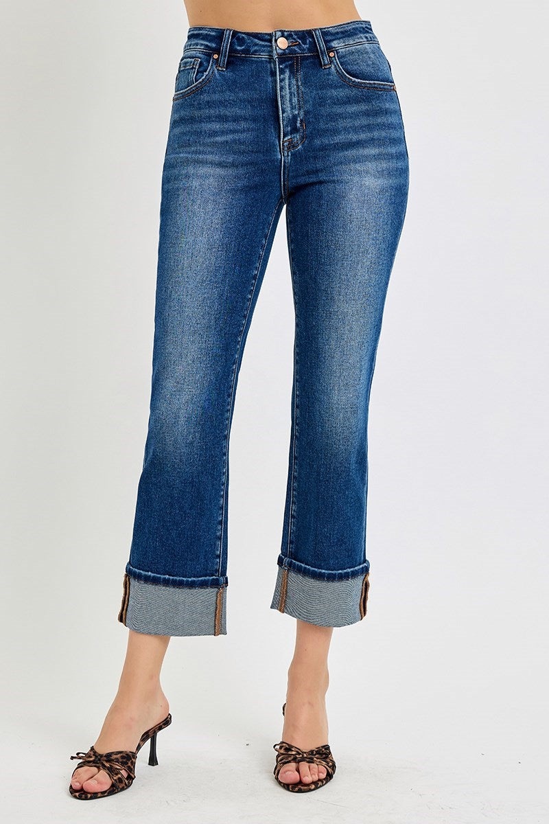 Risen High Rise Straight Cuffed Jeans