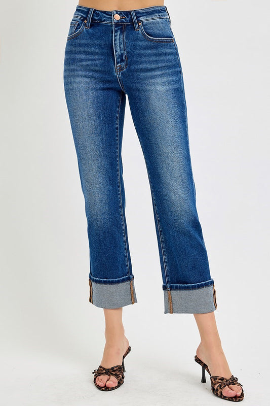 Risen High Rise Straight Cuffed Jeans