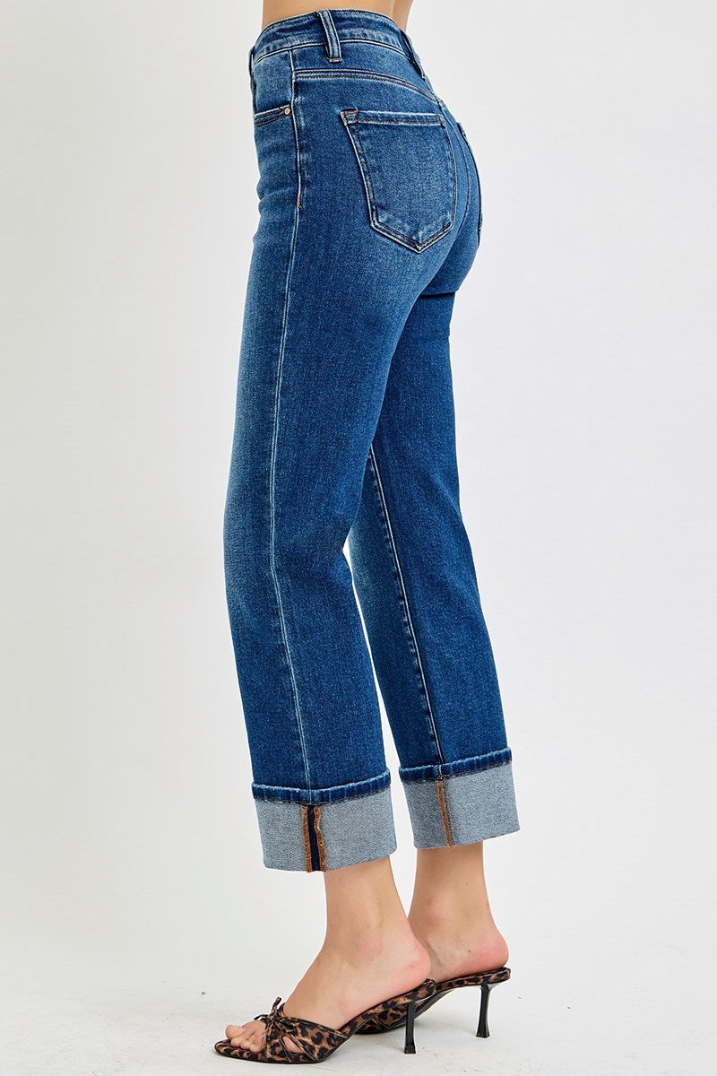 Risen High Rise Straight Cuffed Jeans