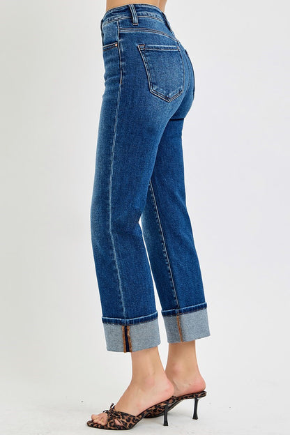Risen High Rise Straight Cuffed Jeans