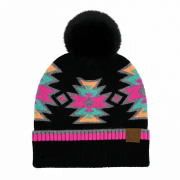 CC South Western Pattern Faux Fur Pom Beanie