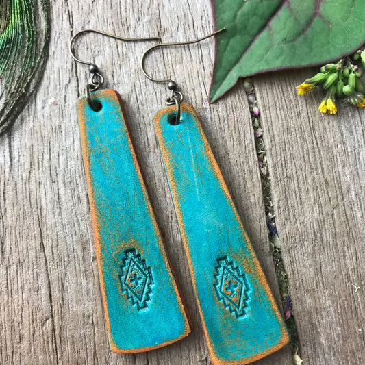 Hand Tooled Western Style Leather Bar Earrings
